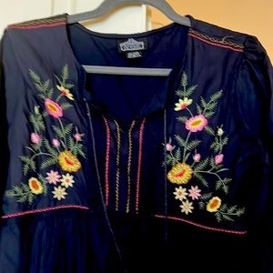 SPRING blue cotton baby doll dress, beautiful embroidered yoke w tassels